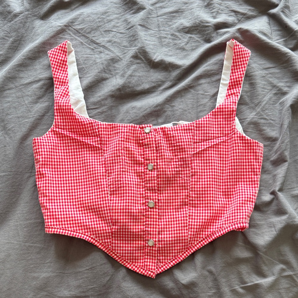 Red Gingham Button-Up Crop Top